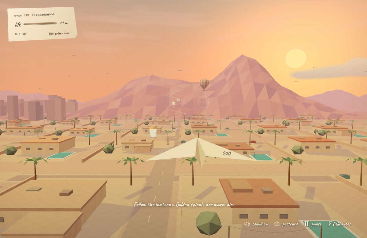 A folded paper plane over an imagined Phoenix neighborhood at golden hour