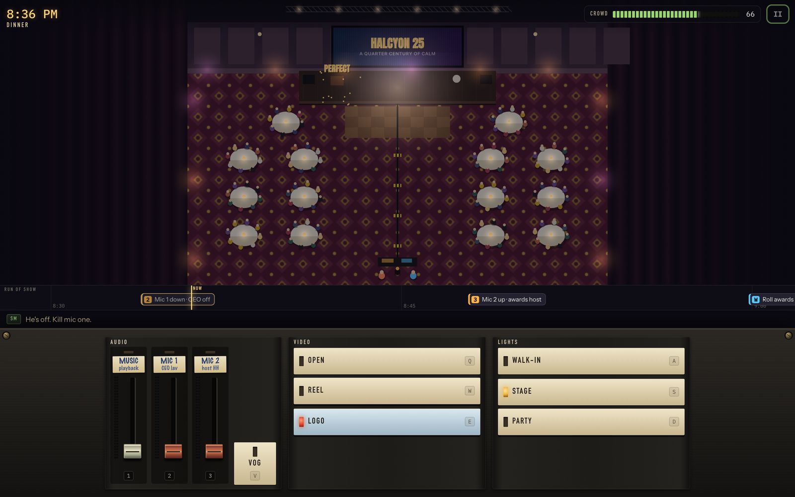 Show night at a hotel gala, a top-down ballroom above a mixing desk with faders, video keys and light keys