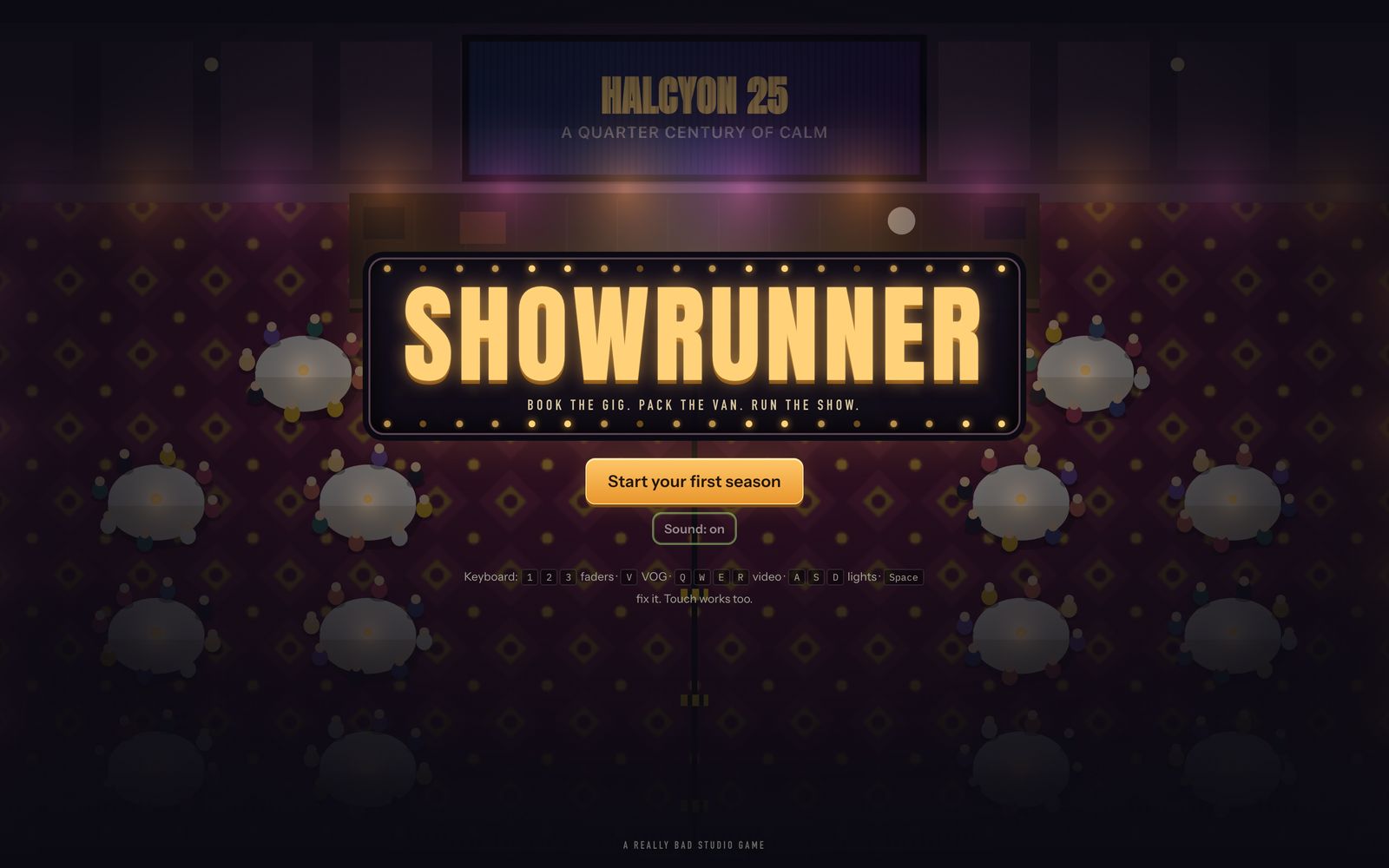 The Showrunner title screen, a glowing marquee sign over a hotel ballroom full of round tables