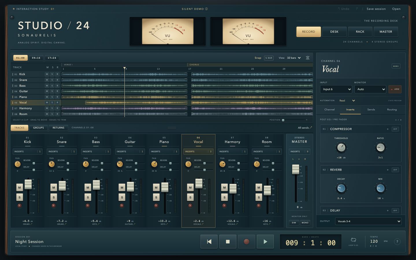 The first browser prototype, labeled Interaction Study 01, Silent Demo, with a timeline, eight channels and a channel inspector