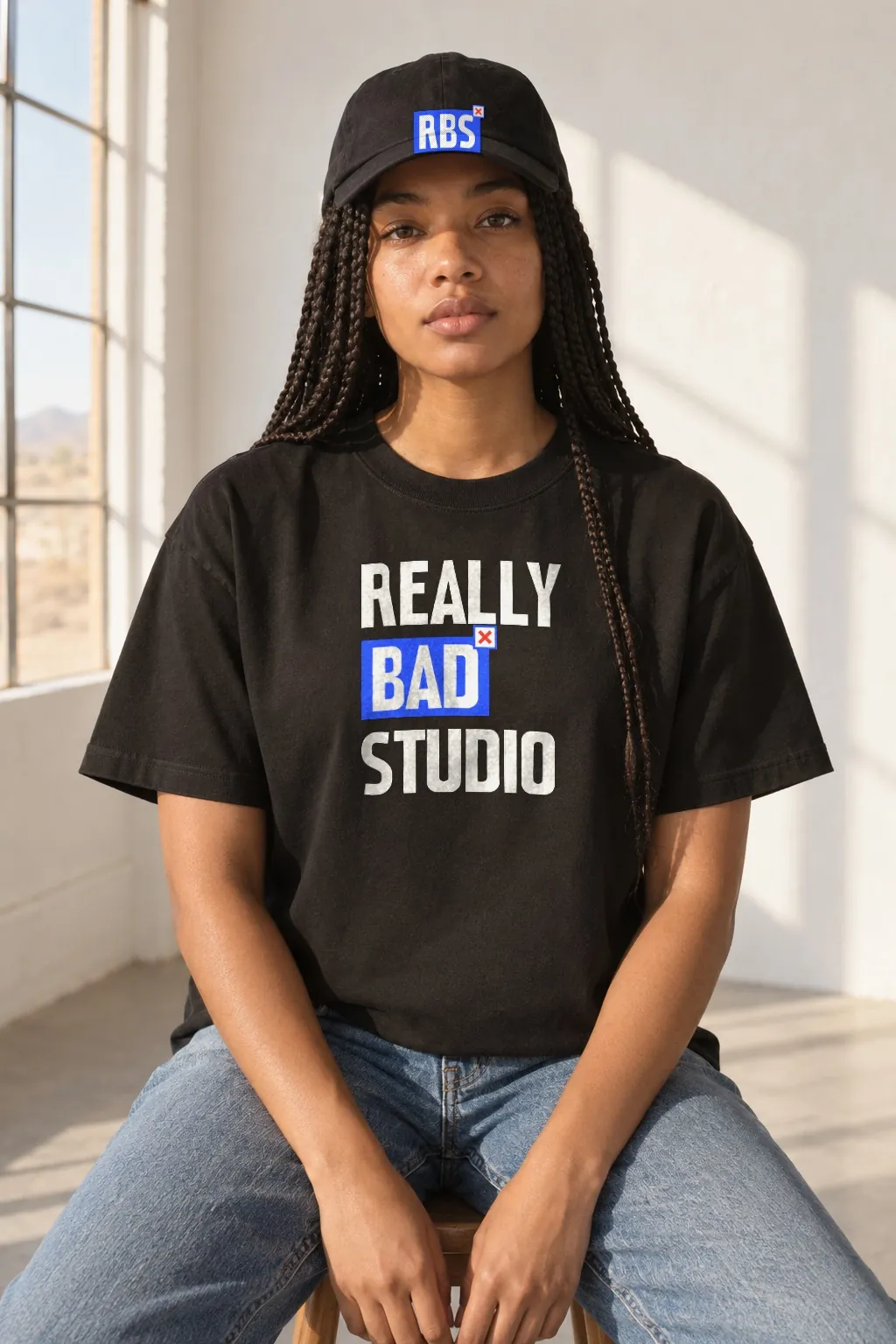 A woman with long braids on a stool in a white studio, wearing the black work cap and the studio uniform tee.