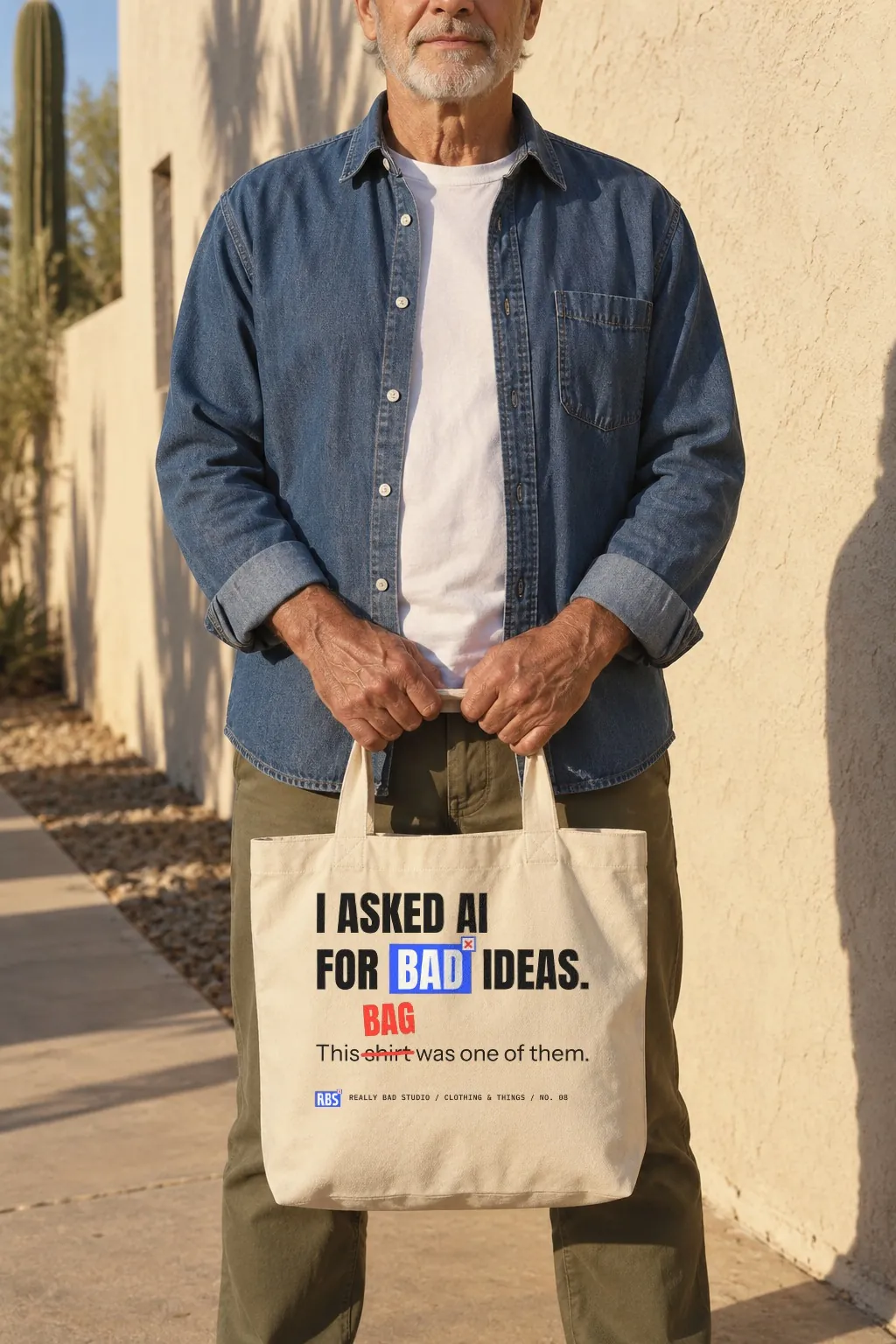 An older man in a denim overshirt holding the canvas bad ideas tote.